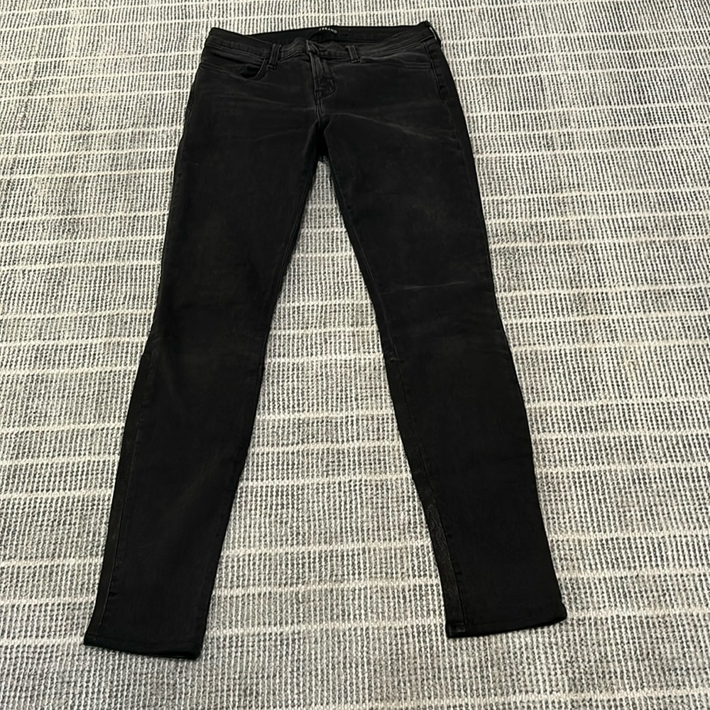 Leather pieced, gray cascade jeans.